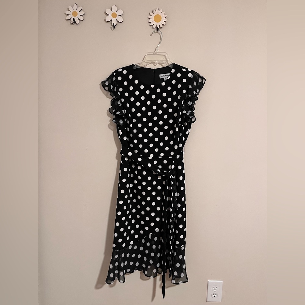 Shelby & Palmer Black & White Polka Dot Midi Dress Size 12 With Flutter Sleeves